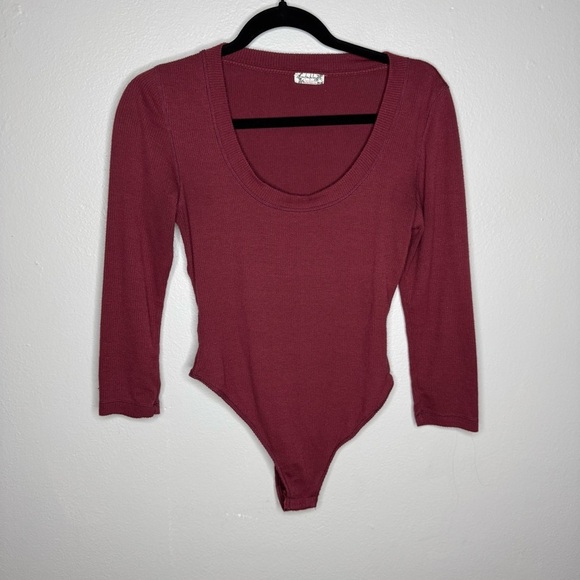 Intimately Free People Thong Bodysuit Long Sleeve Scoop Neck Ribbed Wine Red - Picture 1 of 9